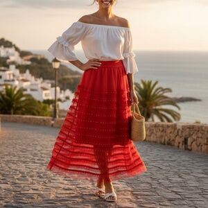 #A100   N by Nancy  Red Fringe  Whimsigoth Skirt   New No Tag  Size L